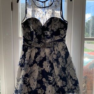 B. Smart Navy and White Floral Beaded Waist Party Dress